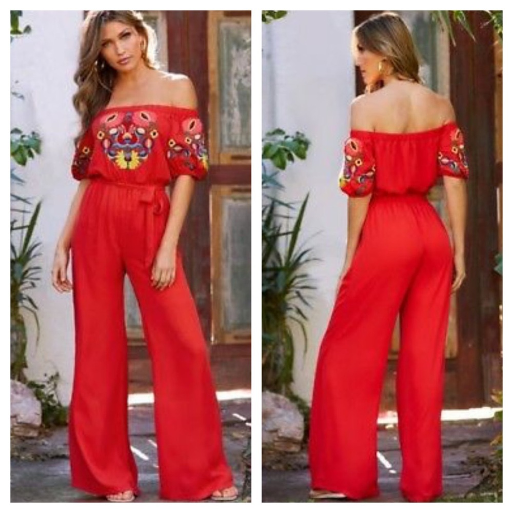 VaVa by Joy Han Red Embroidered Jumpsuit